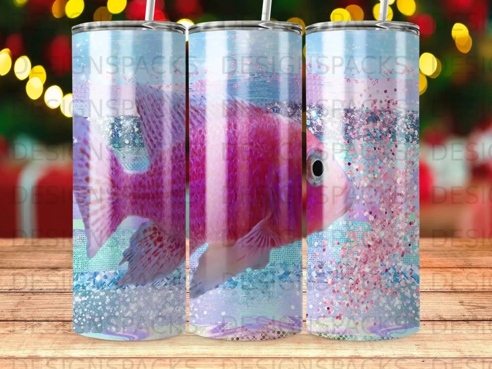 Pink and purple striped fish on a glittery background.