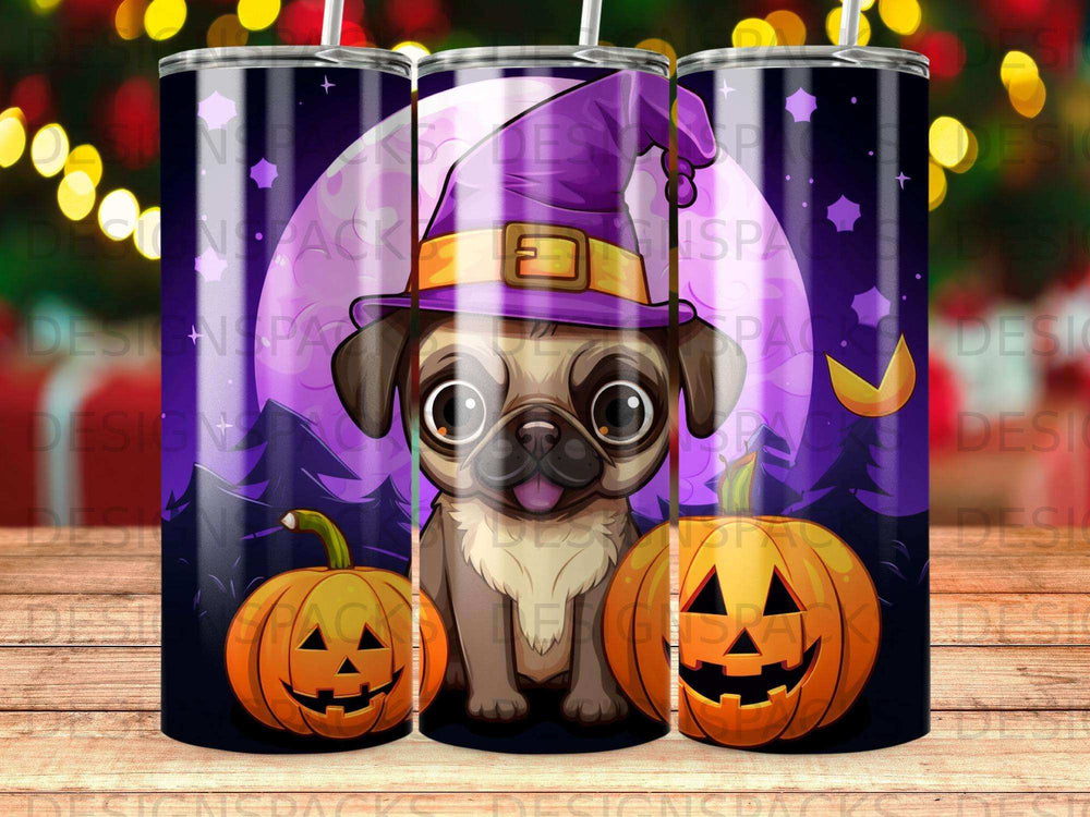 Halloween pug with pumpkins and moon wearing a witch hat.