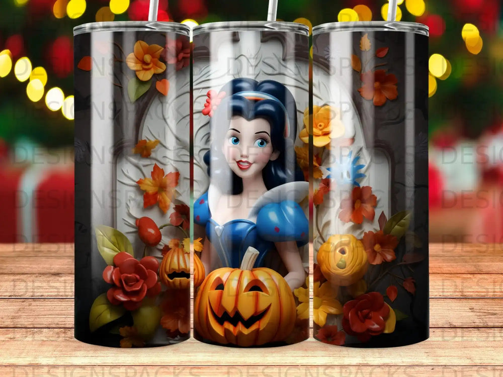 Snow White character with pumpkins and autumn leaves on a tumbler.
