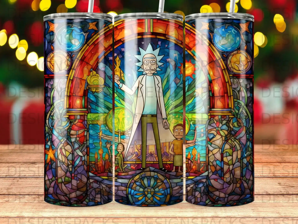 Rick and Morty stained glass tumbler with intricate colorful patterns.