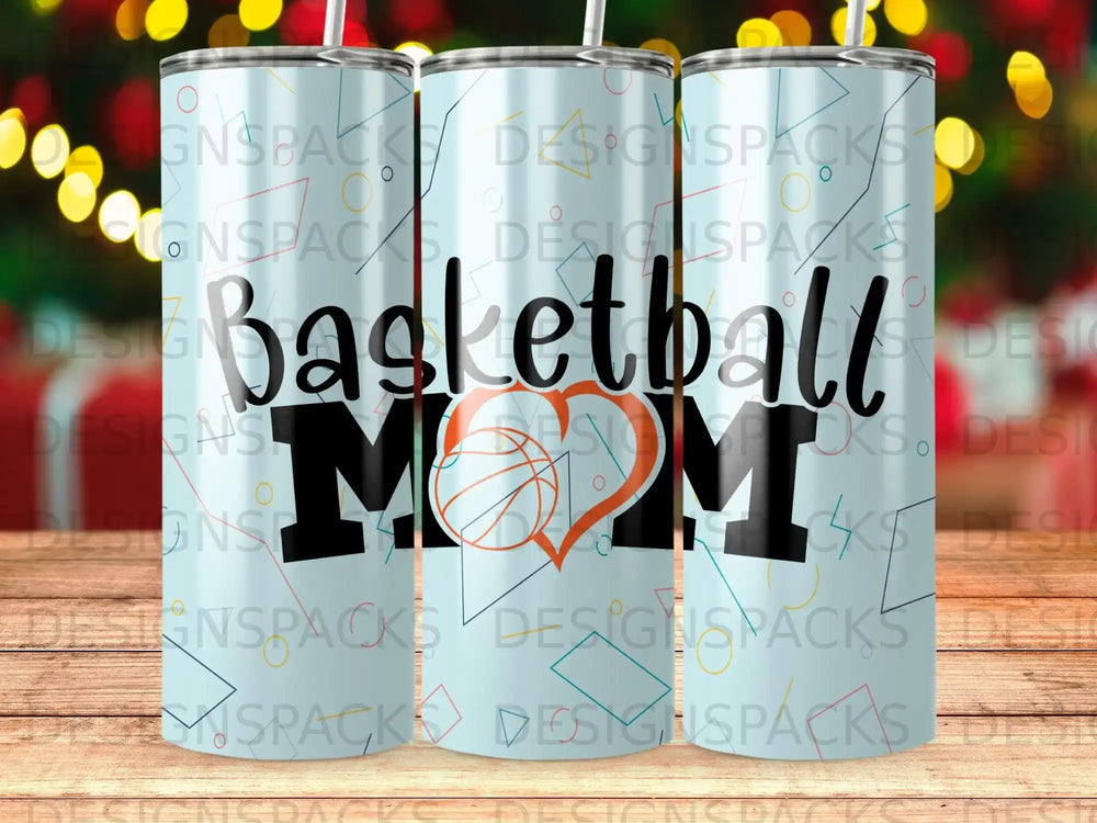 Basketball Mom heart graphic on a blue tumbler with a white straw.