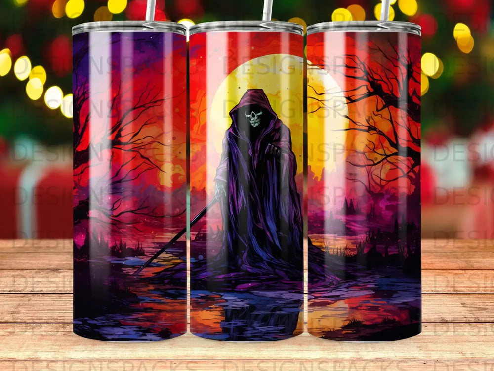 Grim reaper in purple robes with a scythe, against a fiery Halloween moon.