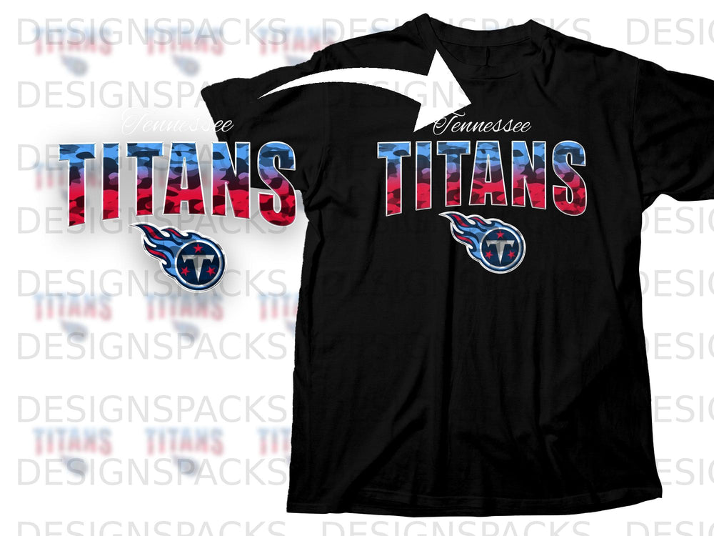 Black t-shirt with Tennessee Titans logo and camouflage "TITANS" text.