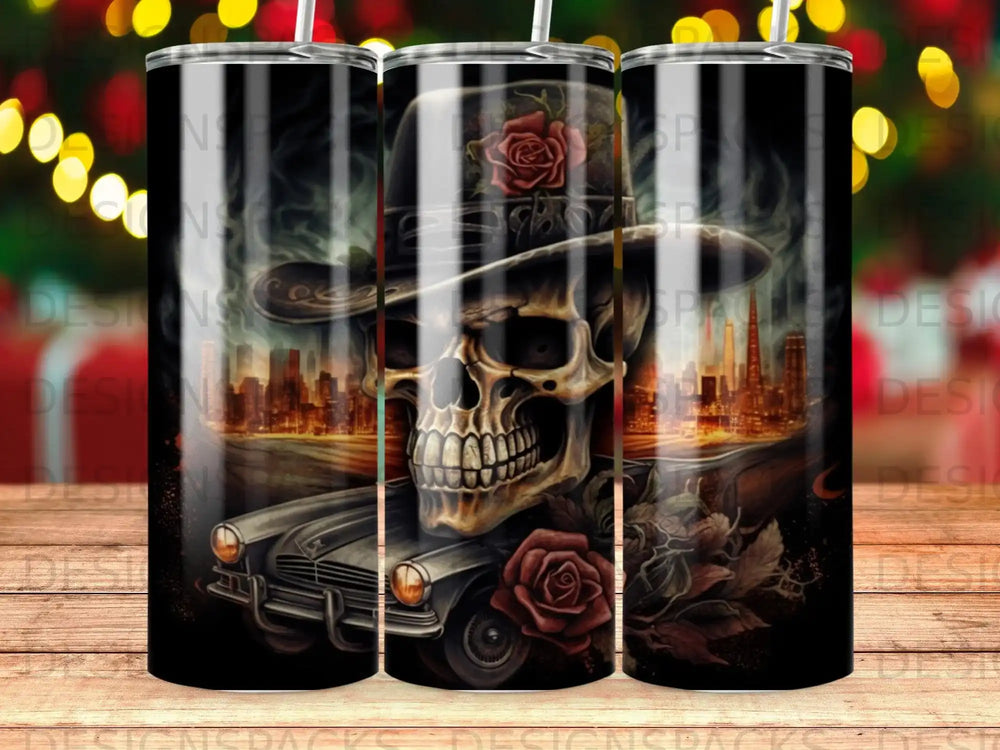 Skull in top hat with roses and vintage car against city skyline.