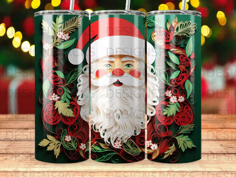Santa Claus face with festive red and green ornate design on a tumbler.