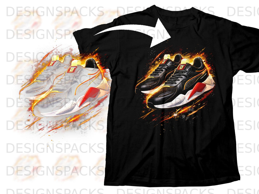 Black t-shirt with a graphic design of two Puma sneakers in vibrant colors.