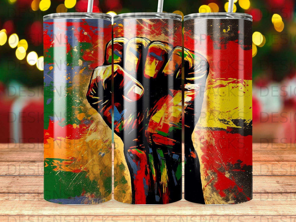 Fist raised in solidarity against a colorful, abstract background.