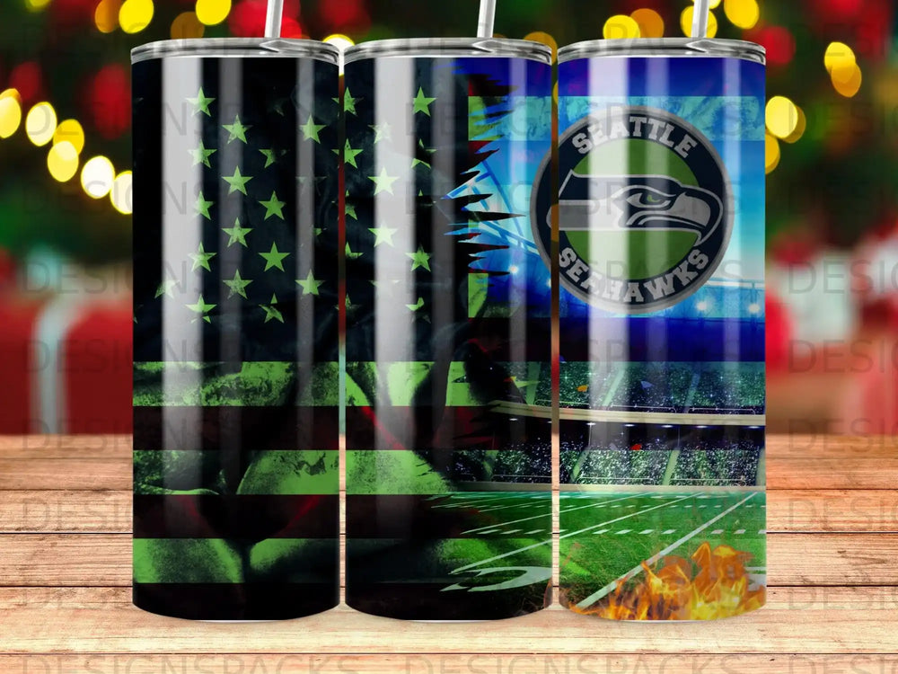 Seattle Seahawks logo on American flag and stadium background tumbler.