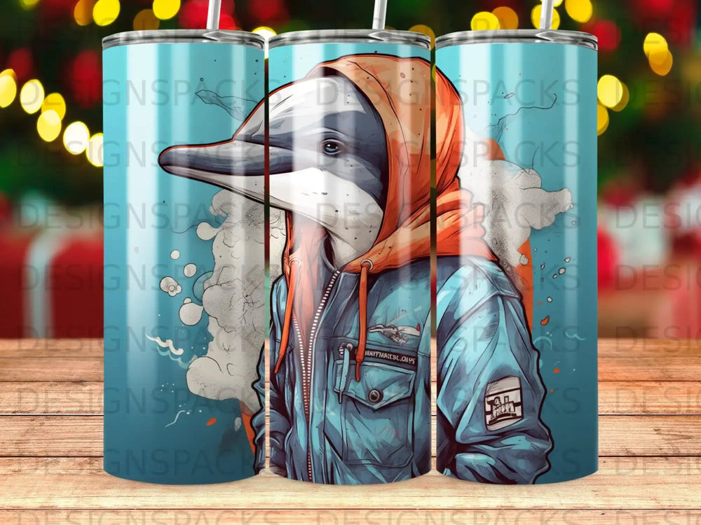 Dolphin wearing a hoodie and jacket, with text "BANYFMAITSE OLD".