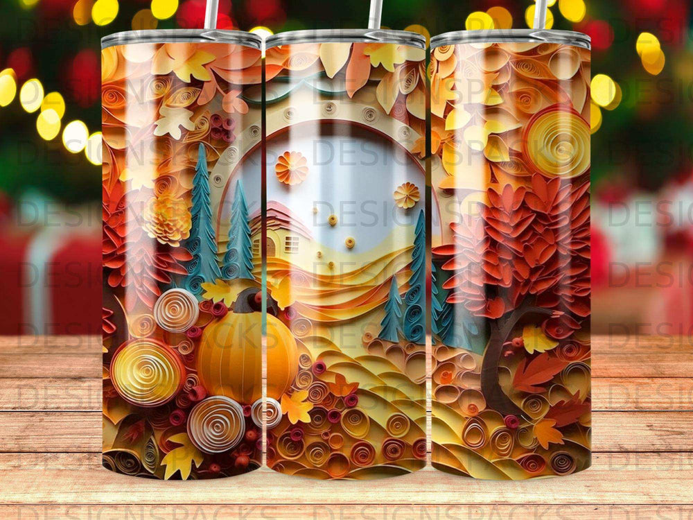 Autumn harvest scene with pumpkin, trees, and rolling hills.