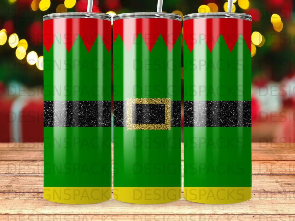 Three tumblers with a green, black, and gold elf belt design.