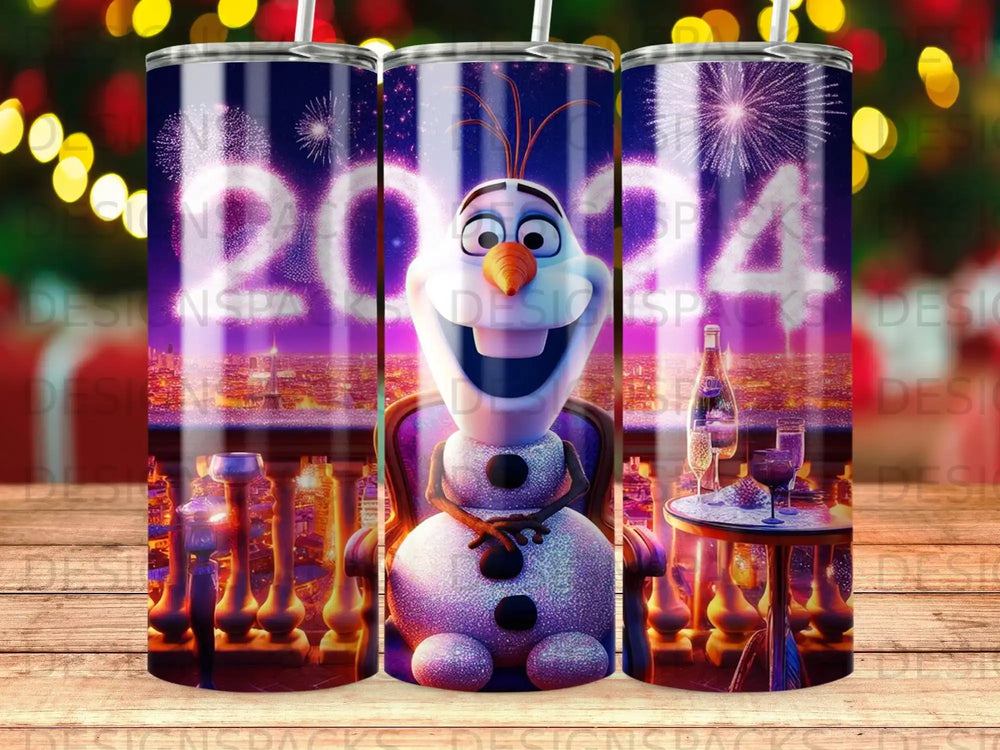 Olaf the snowman sits in a chair, celebrating 2024 with fireworks.