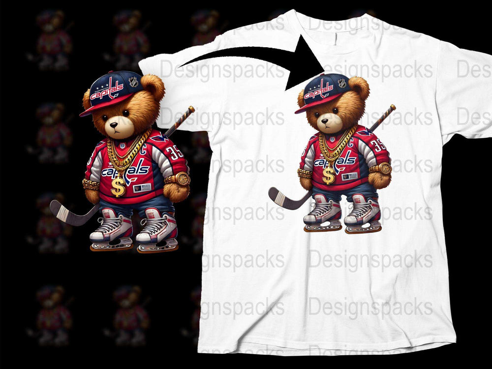Trendy Teddy Bear Ice Hockey Player Graphic T-Shirt, Youth Sports Tee, Casual Streetwear Top, Unique Gift Idea.
