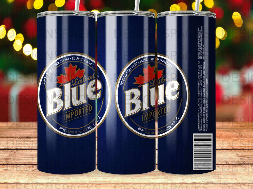 Labatt Blue imported Canadian Pilsner beer can with "no preservatives" text.