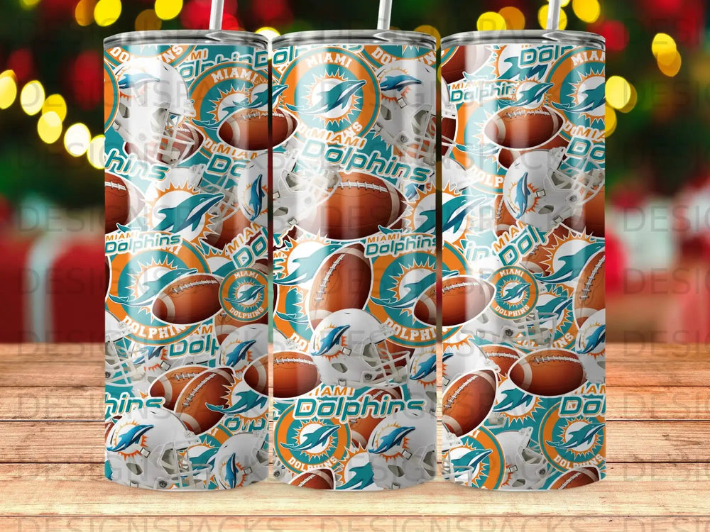 Miami Dolphins football helmets and logo pattern on tumblers.
