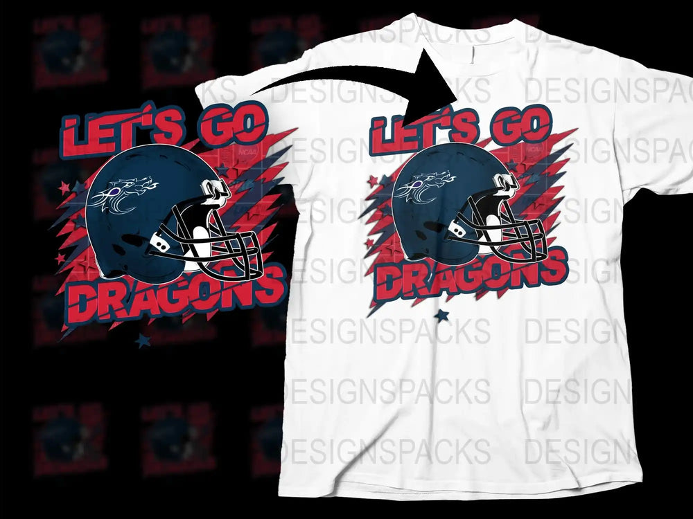 Let's Go Dragons Football Helmet Graphic T-Shirt, Patriotic Sports Fan Apparel, Red and Blue Design