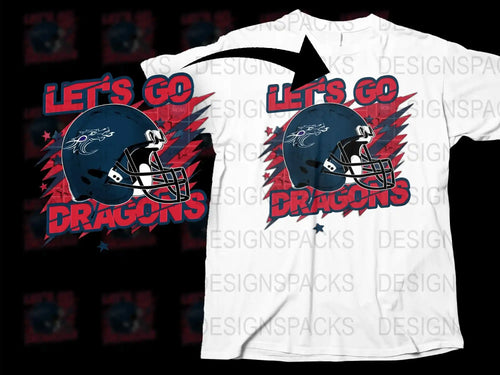 Let's Go Dragons Football Helmet Graphic T-Shirt, Patriotic Sports Fan Apparel, Red and Blue Design