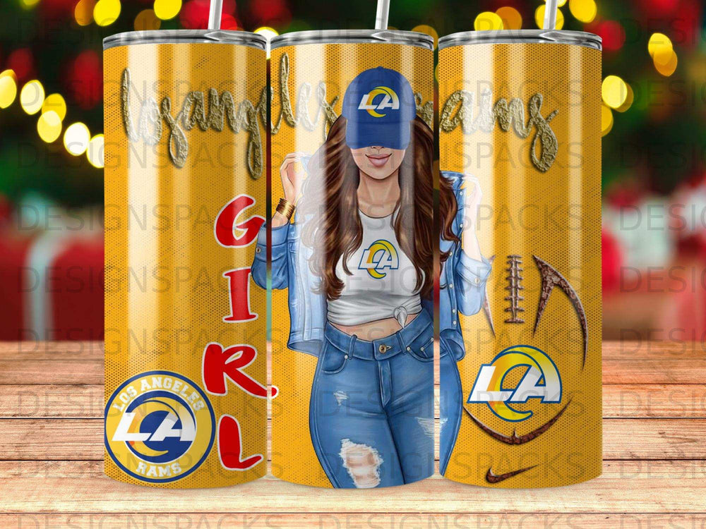 Los Angeles Rams tumbler with a woman in denim and a white crop top.