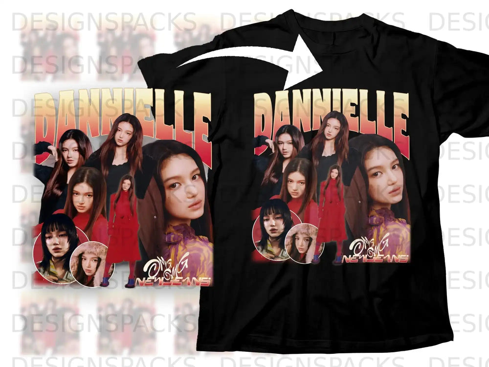 Black t-shirt with "NewJeans" logo and collaged images of Danielle Marsh.