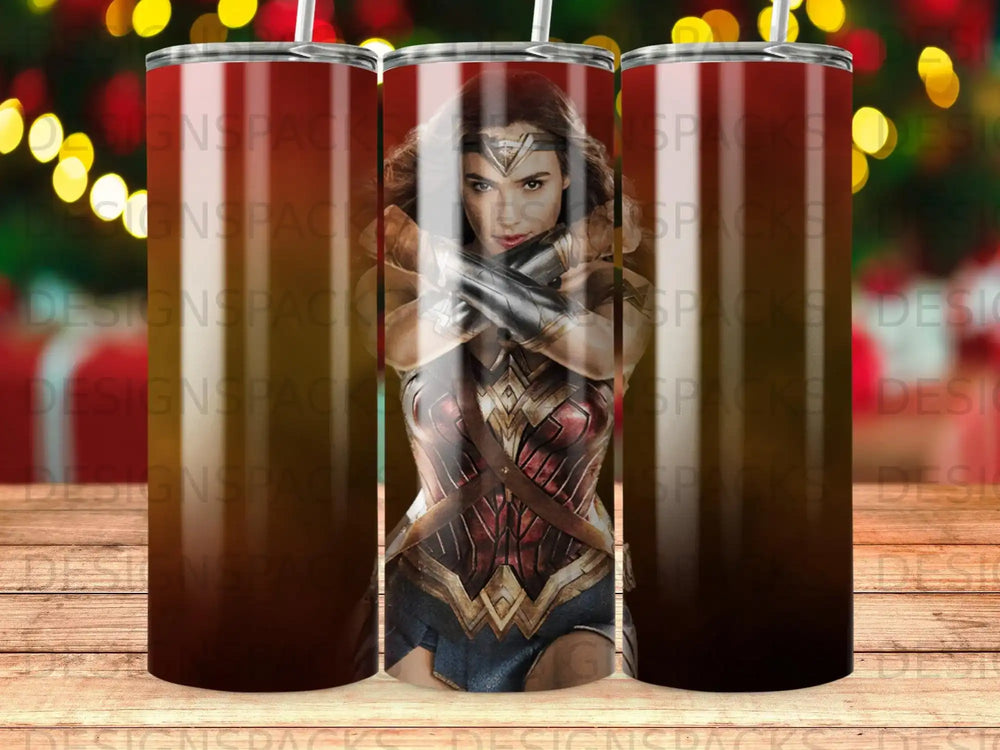 Wonder Woman in costume, arms crossed, against a blurred background.