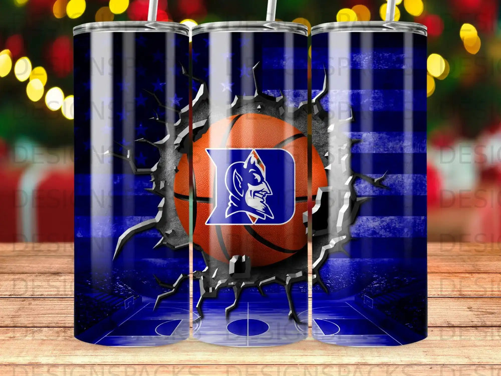 Duke Blue Devils basketball on a cracked American flag background.