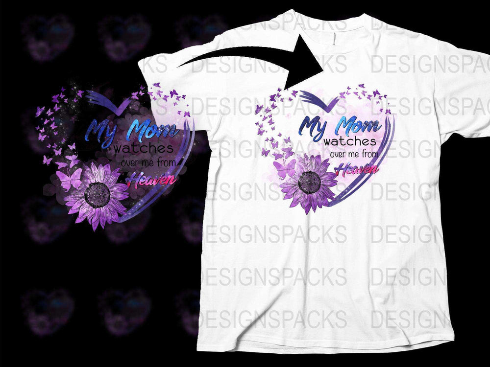 Memorial T-Shirt 'My Mom Watches Over Me From Heaven' Purple Floral Design Heart Graphic Tee