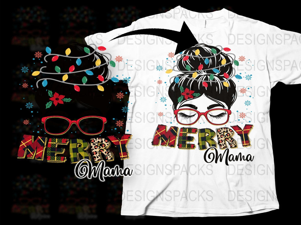 Merry Mama Christmas T-Shirt, Festive Holiday Tee with Lights and Glasses Design, Women's Fashion Casual Wear