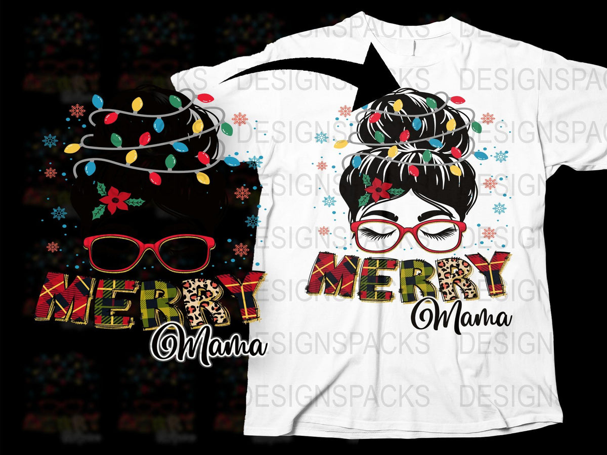 Merry Mama Christmas T-Shirt, Festive Holiday Tee with Lights and Glasses Design, Women's Fashion Casual Wear