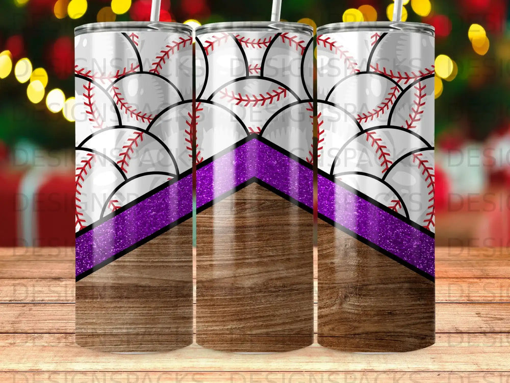 Tumbler with baseball stitch pattern and purple glitter stripe on wood grain background.