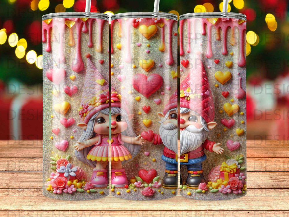 Valentine gnomes with hearts and flowers.