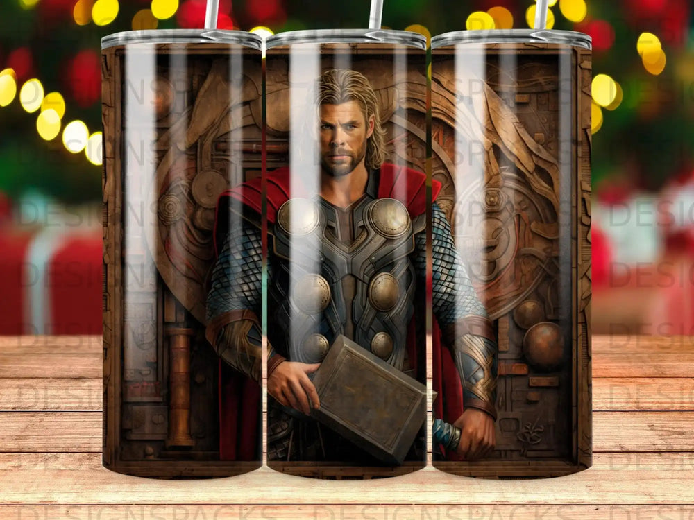 Thor holding Mjolnir with ornate wooden background.