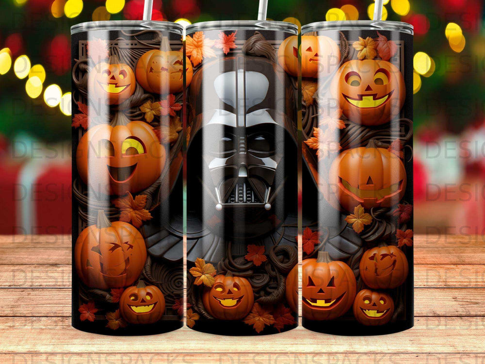 Darth Vader mask surrounded by glowing jack-o'-lanterns and autumn leaves.