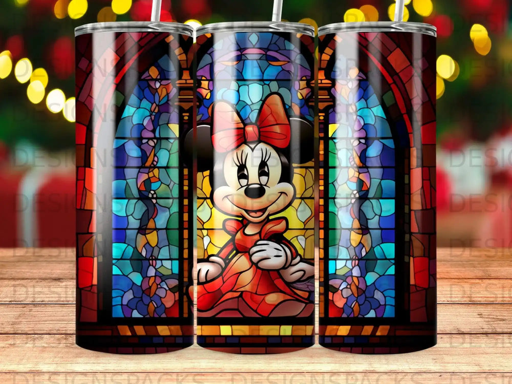 Minnie Mouse in a stained glass window, wearing a red dress and bow.