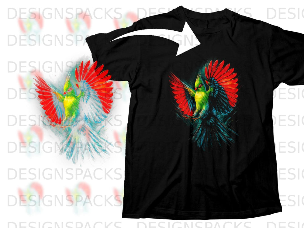 Black t-shirt with a vibrant green bird with red and blue wings graphic.