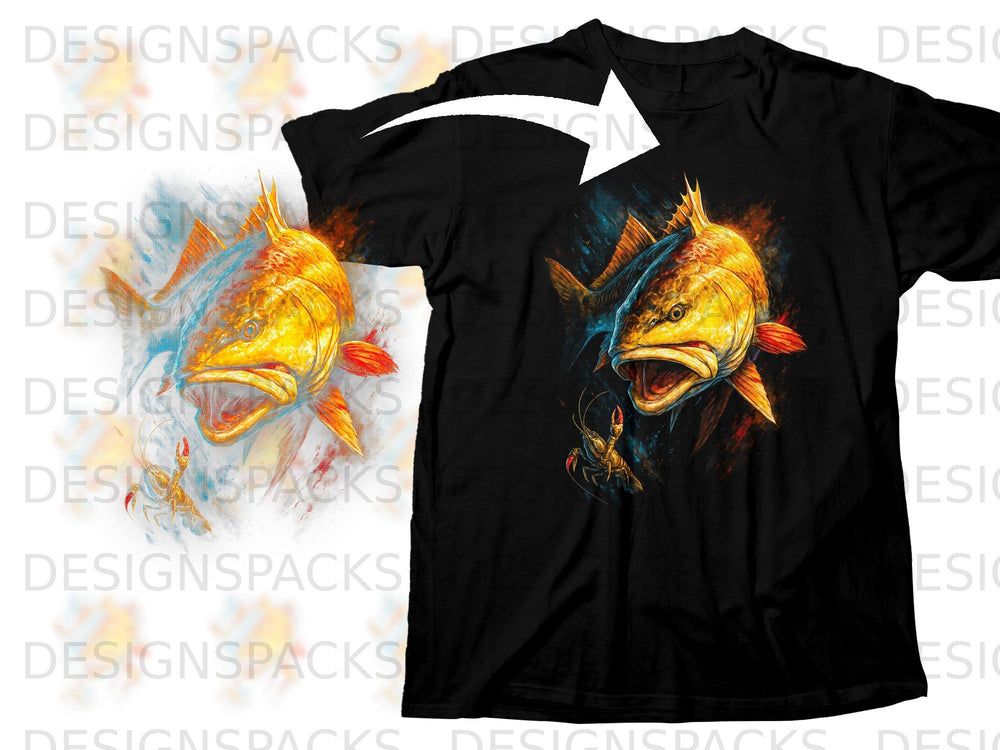 Black t-shirt featuring a graphic of a golden fish and a crawfish with colorful, abstract brushstrokes.