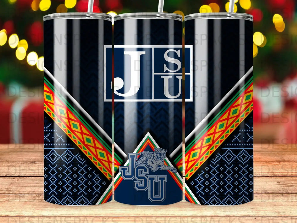 Blue tumbler with white "J S U" and tiger logo on a patterned background.