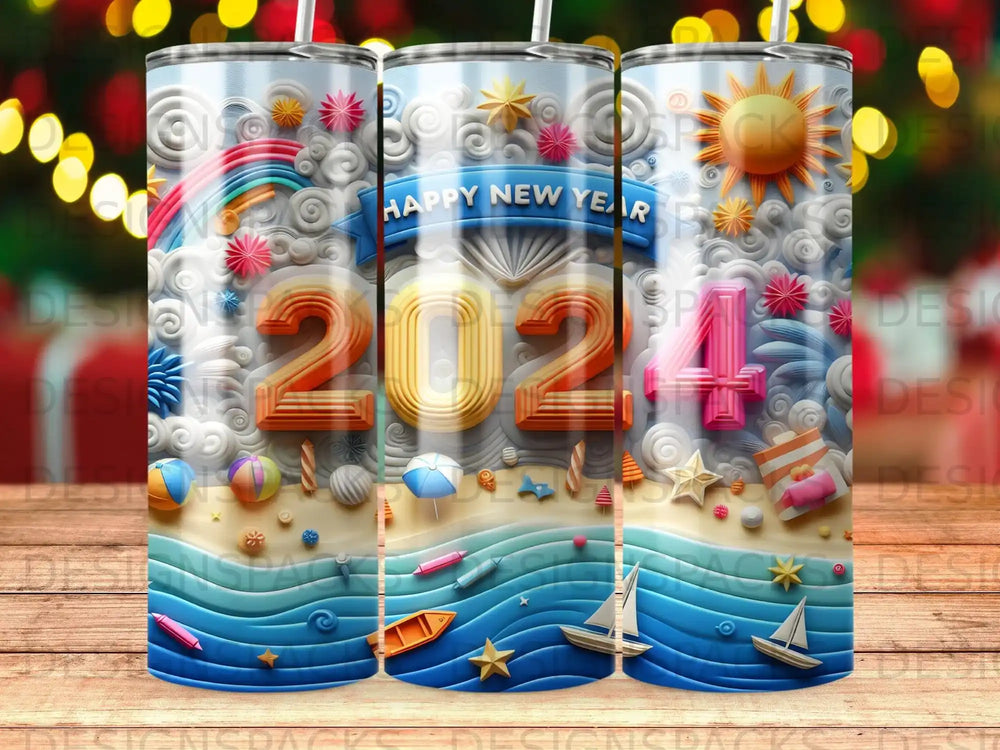 Happy New Year 2024 text on a beach scene with sailboats and waves.