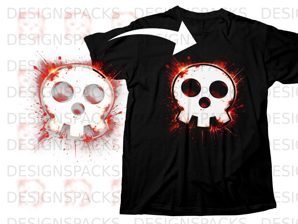 Black t-shirt with a white skull graphic with red splatters and glowing edges.