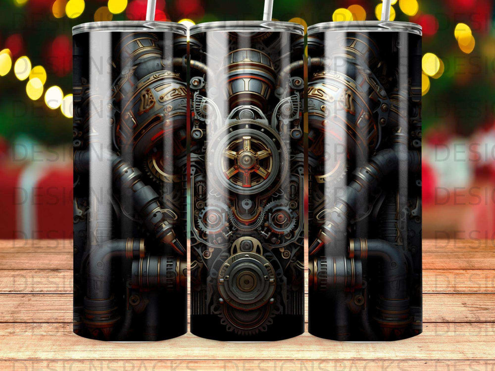 Steampunk mechanical gears and pipes pattern on a cylindrical object.