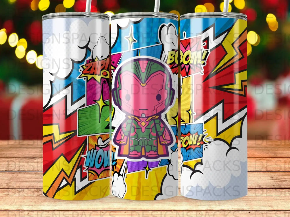 Vision character on comic book style tumblers with "Boom!" and "Zap!" text.