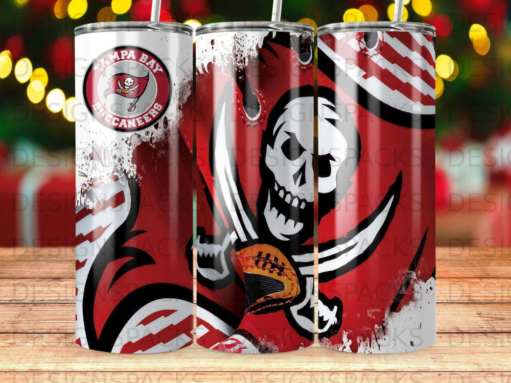 Tampa Bay Buccaneers skull and football tumbler with logo.