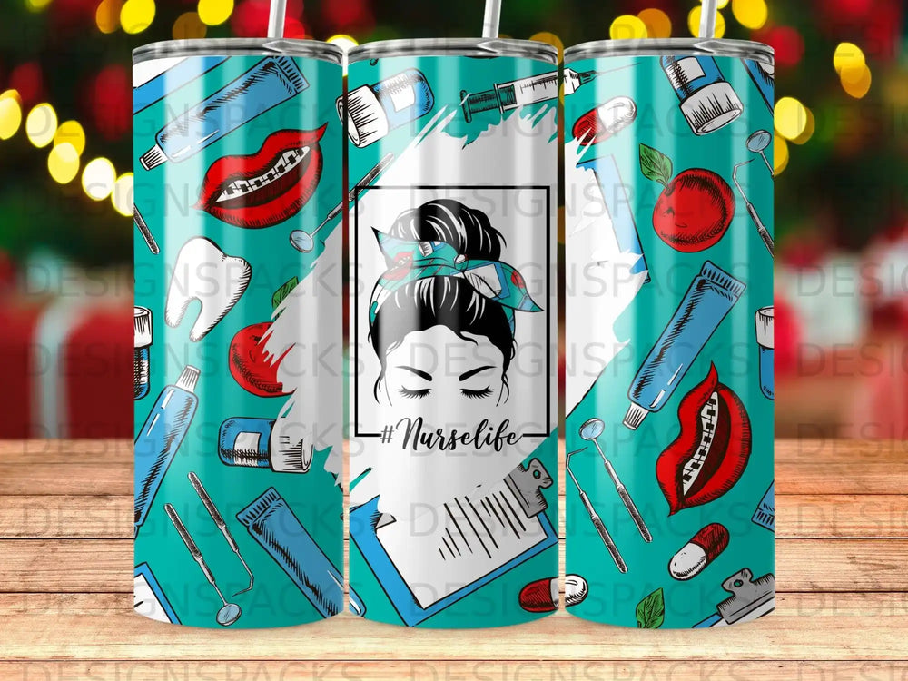Teal tumbler with dental and medical illustrations and #Nurselife text.