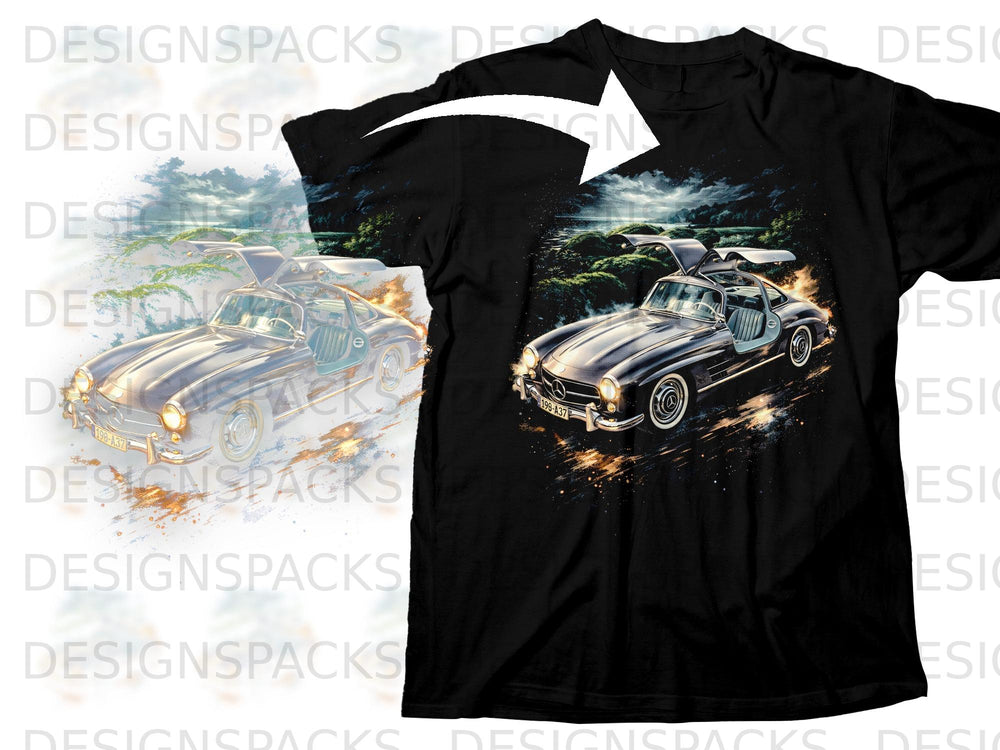 Black t-shirt with a graphic of a silver Mercedes-Benz 300 SL Gullwing.