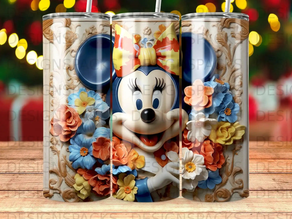 Minnie Mouse surrounded by colorful flowers on a cylindrical tumbler.