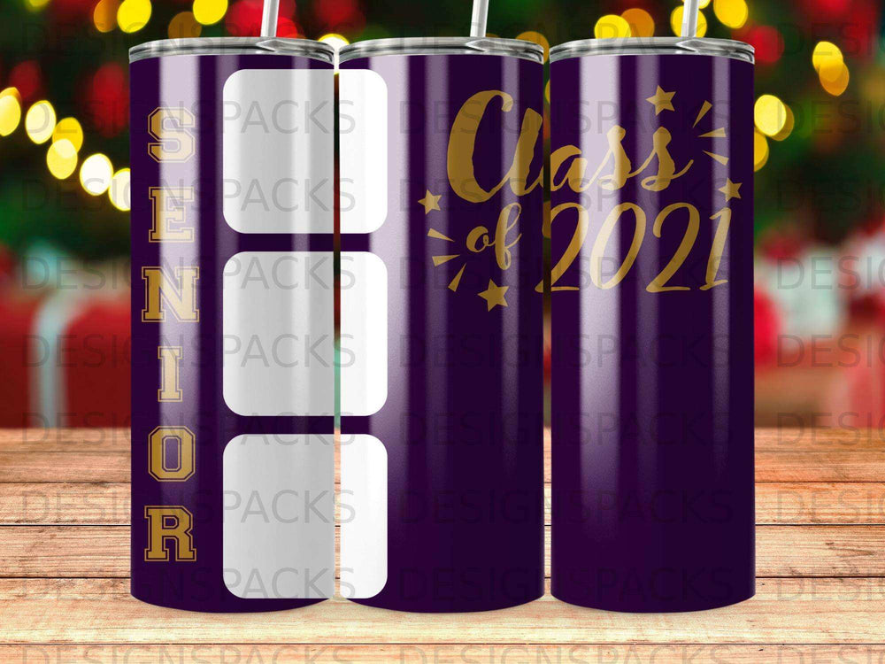 Purple tumbler with "Class of 2021" and "SENIOR" text.