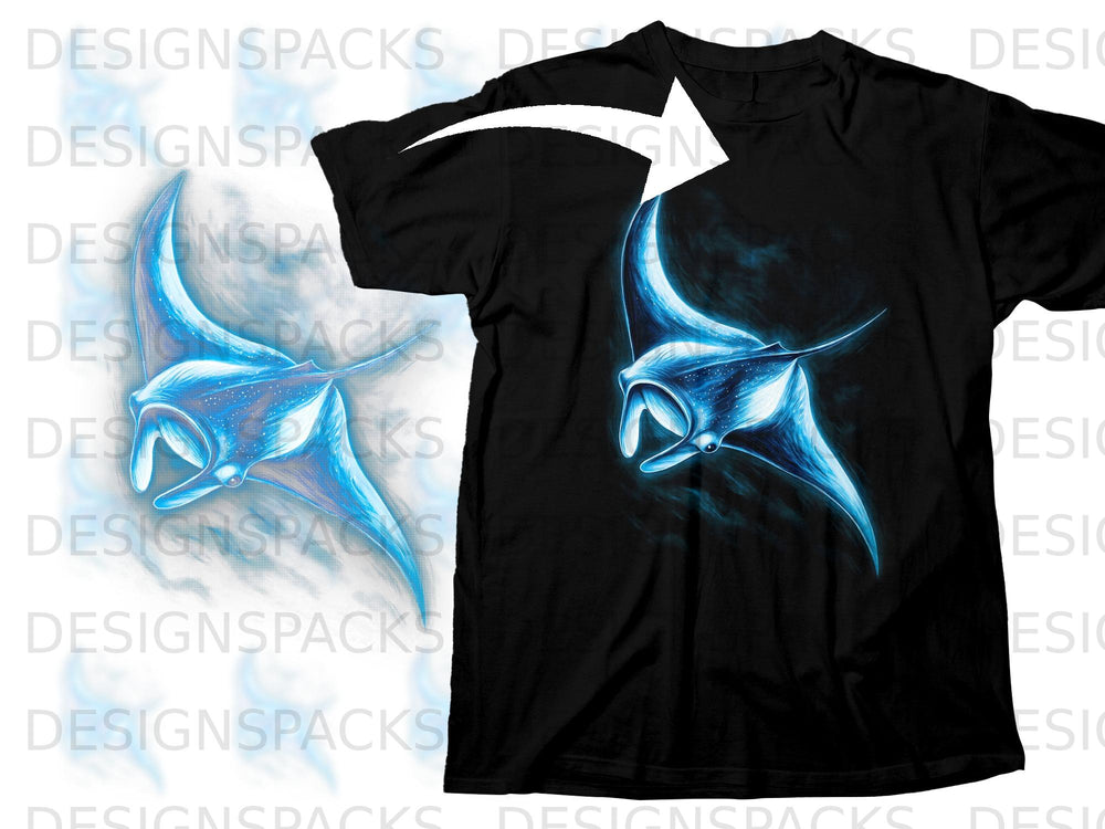 Black t-shirt with a glowing blue manta ray graphic design.