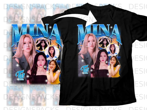 Mina from Twice on a black t-shirt with vintage-style collage graphics.