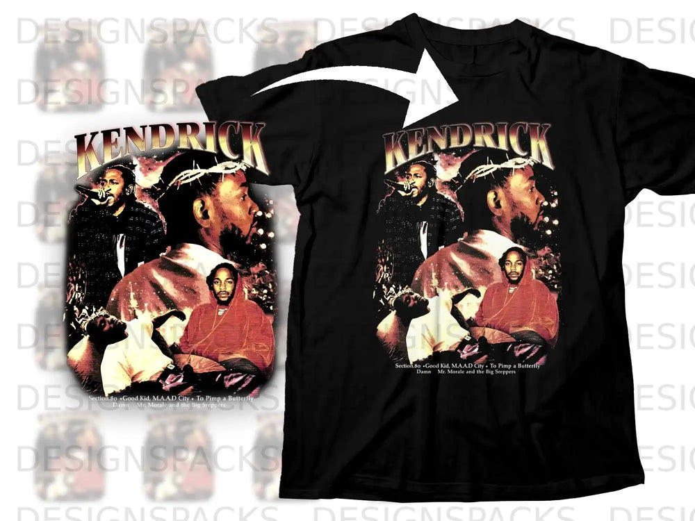 Kendrick Lamar album art collage on a black t-shirt.