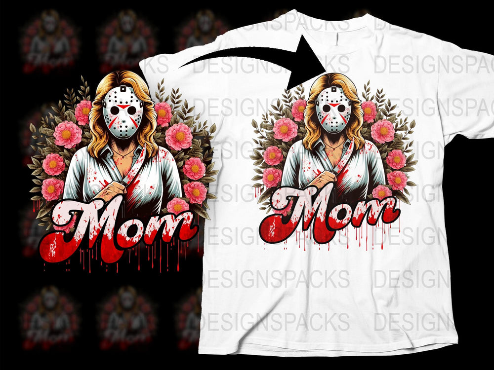 Horror Mom T-Shirt Floral Design, Jason Mask, Mother's Day Gift, Unique Graphic Tee, Scary Movie Fan Apparel