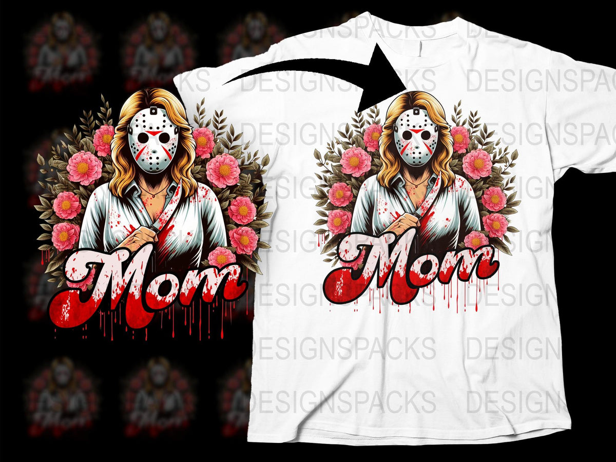 Horror Mom T-Shirt Floral Design, Jason Mask, Mother's Day Gift, Unique Graphic Tee, Scary Movie Fan Apparel
